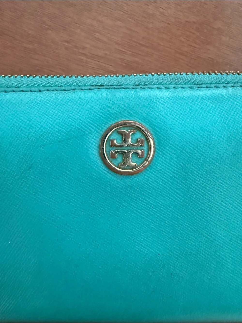 Tory Burch Teal Zip-Around Leather Wallet with Gold Logo